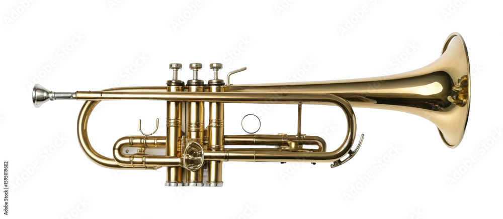 Fototapeta premium Shiny brass trumpet with silver mouthpiece on display