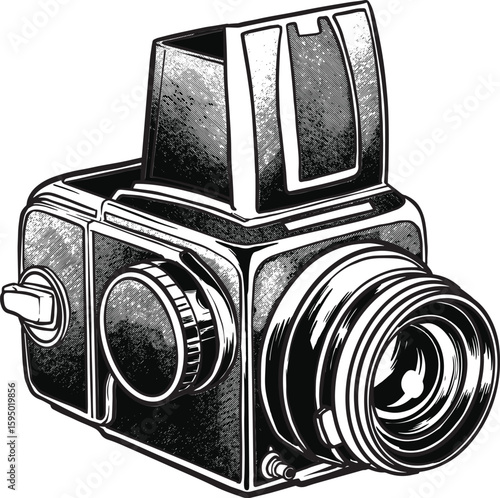 Vintage Retro Camera illustration in engraved style