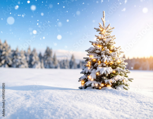 Winter wonderland snow-covered christmas tree in a serene landscape outdoor scene daylight holiday spirit