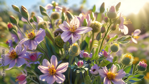 Painted illustration of wood table floor with green leaves and abstract bokeh background
