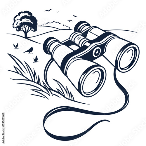 Binoculars for birdwatching with distant tree, isolated on a clean background for nature or hobby.
