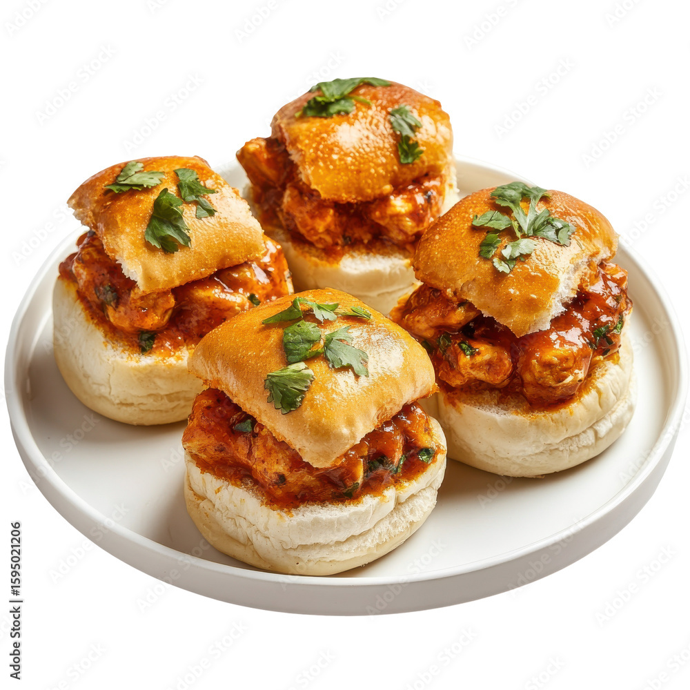 Delicious Chicken Sliders with Spicy Sauce and Fresh Cilantro on a White Plate on transparent background Delicious Chicken Sliders with Spicy Sauce and Fresh Cilantro on a White Plate on transparent background