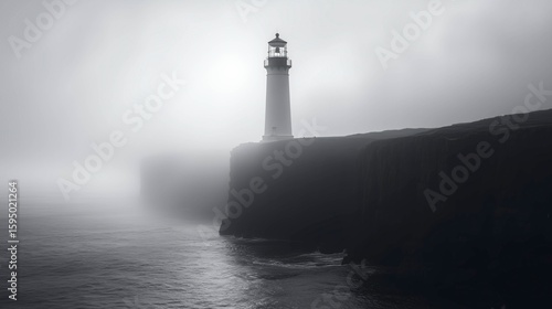 A solitary lighthouse stands on a foggy cliff overlooking a calm sea, enveloped in mist and a serene, monochromatic atmosphere.