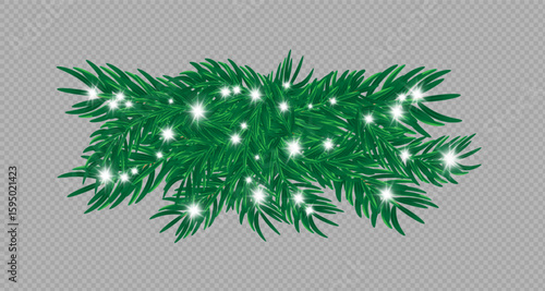 Green spruce branches with red,green,blue,balls,golden lights and stars highlighted on transparent background. Pine tree, Christmas evergreen plants.Vector decoration Christmas tree garland.т PNG