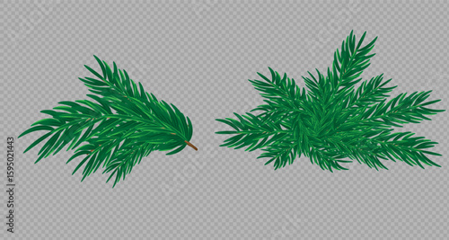  Green spruce branches with red,green,blue,balls,golden lights and stars highlighted on transparent background. Pine tree, Christmas evergreen plants.Vector decoration Christmas tree garland.т PNG