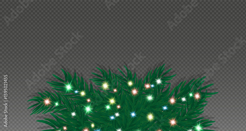  Green spruce branches with red,green,blue,balls,golden lights and stars highlighted on transparent background. Pine tree, Christmas evergreen plants.Vector decoration Christmas tree garland.т PNG