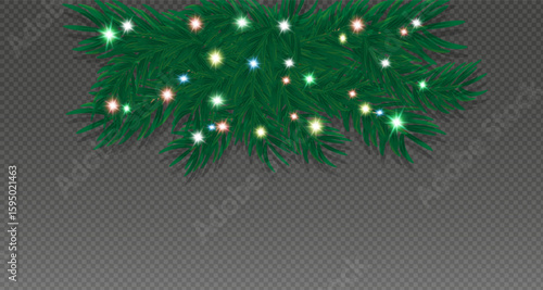  Green spruce branches with red,green,blue,balls,golden lights and stars highlighted on transparent background. Pine tree, Christmas evergreen plants.Vector decoration Christmas tree garland.т PNG