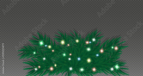  Green spruce branches with red,green,blue,balls,golden lights and stars highlighted on transparent background. Pine tree, Christmas evergreen plants.Vector decoration Christmas tree garland.т PNG