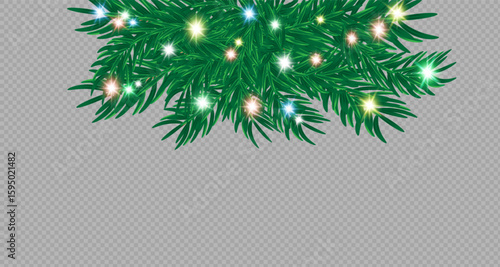  Green spruce branches with red,green,blue,balls,golden lights and stars highlighted on transparent background. Pine tree, Christmas evergreen plants.Vector decoration Christmas tree garland.т PNG