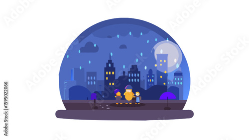 Cityscape rainy night family walk with umbrellas vector illustration urban scene in the rain cartoon art