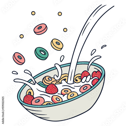 Bowl of cereal with milk splash and floating pieces, isolated on a clean background for breakfast.