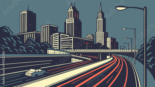 Cityscape skyline at night with car lights on highway urban illustration for travel and architecture views