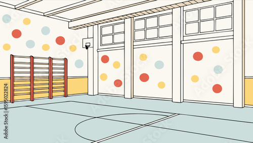 Illustration of indoor school gymnasium with wall bars basketball hoop and colorful polka dots for kids activity