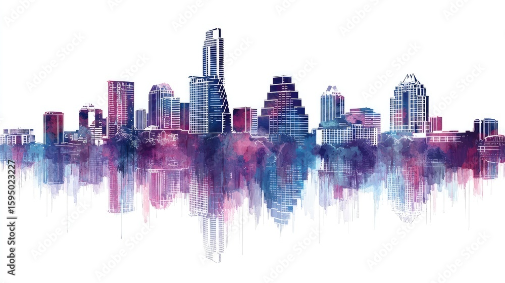 Obraz premium Colorful cityscape depiction of a city skyline.