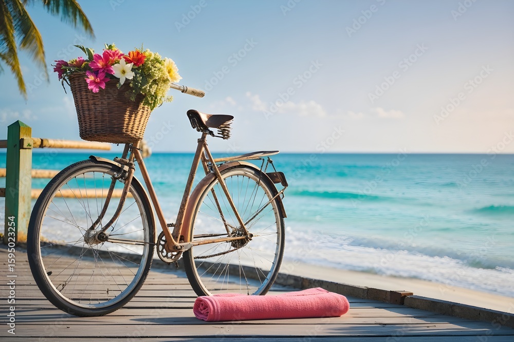 Fototapeta premium Retro bike with basket of flowers on a summer beach, a perfect vintage travel sport