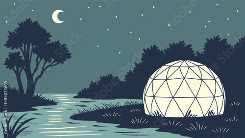 Dome home nature landscape at night with moon and stars illustration vector design for background and wallpaper