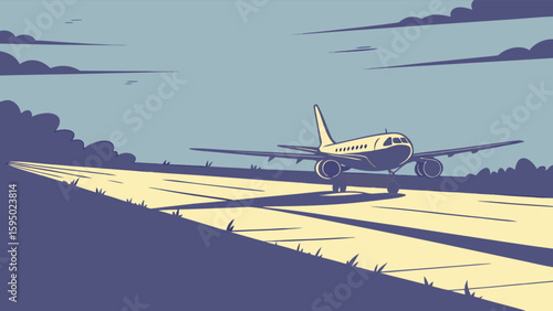 Airplane taking off aviation travel flight transportation runway sky clouds illustration vector design