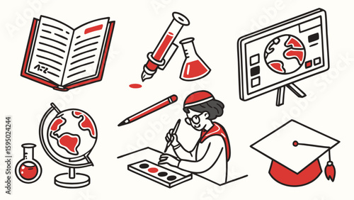 Stock vector illustration of education and learning tools for school college and university study day 100 char