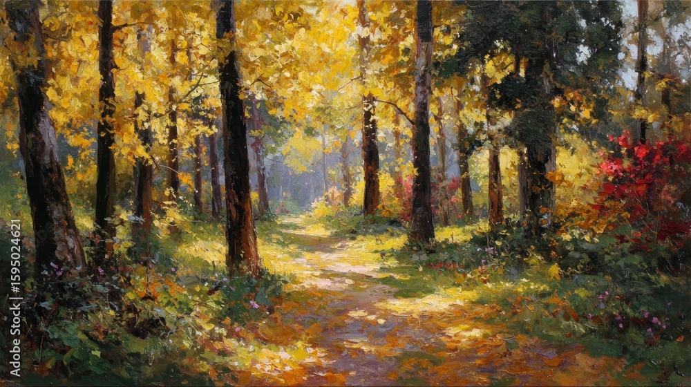 Obraz premium Sunlit autumn forest path