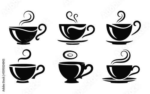 Coffee cup silhouette icon set in black featuring six steaming designs with saucers and donut pairing for café, beverage, and hospitality themes
