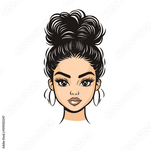  Young woman with voluminous bun and hoop earrings illustration