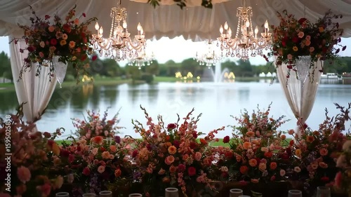 Elegant floral arrangements and chandeliers adorn a lakeside tent