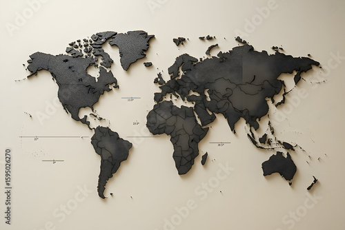 Fototapeta Naklejka Na Ścianę i Meble -  Modern 3D Black World Map on Beige Wall Background