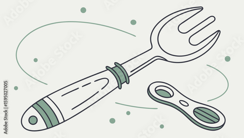 A detailed vector illustration of a fork and bottle opener with a charming design