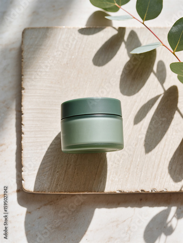 Matte green cream jar on striped textile — skincare minimal product mockup