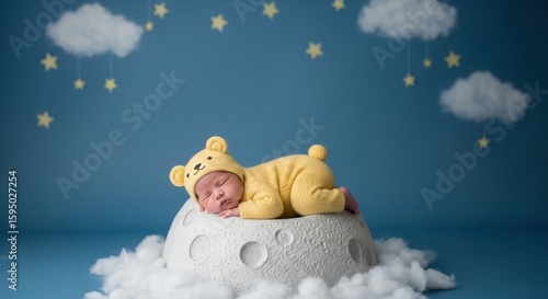 Newborn baby in a yellow bear outfit, peacefully sleeping on a crescent moon prop amidst fluffy clouds and stars, symbolizing dreams and infancy