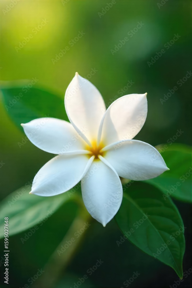 Fototapeta premium A close-up shot of a blooming jasmine flower, its delicate petals releasing a sweet fragrance into the air The image evokes feelings of freshness and natural beauty , white flower, freshness