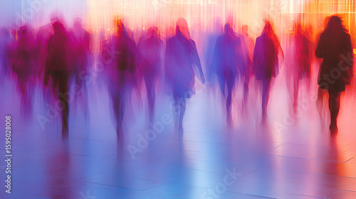 Blurred motion of a crowd of people walking, creating an abstract colorful effect.