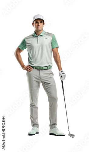 Young caucasian male golfer holding club in sporty attire