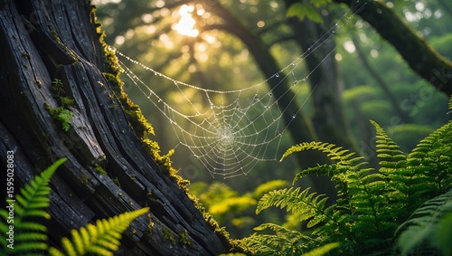 Spiderweb with Dew Drops in Forest Morning Light among Ferns