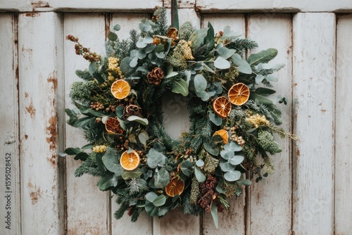 Festive wreath on weathered white door