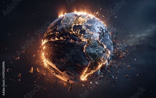 The Earth being destroyed by an asteroid, hyper-realistic, cinematic, dark background. The planet Earth is burning and falling apart into shards of glass. Black space with stars in the sky, high resol