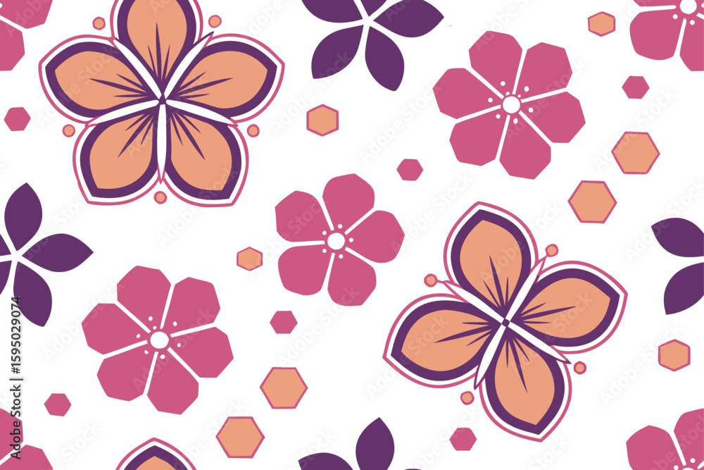 Fototapeta premium Floral pattern with geometric elements in pink purple and orange flowers