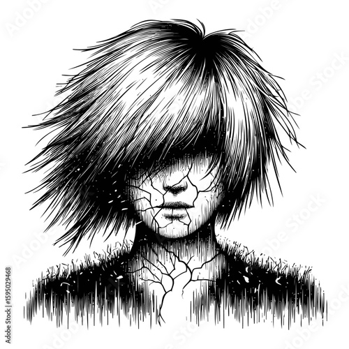 Haunting face cracked skin and wild hair, portrait of fractured figure, mystical monochrome sketch of broken visage dark fantasy illustration.