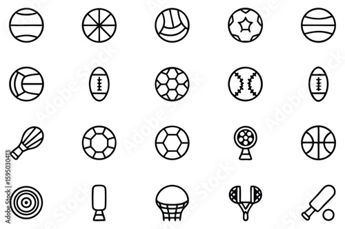 Sports Equipment Icons Diverse Collection Outline Style Represents Athletic Activities Recreational Games and Competitive Sports Black and White