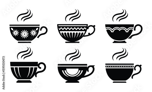 Steaming teacup line art icon set with unique patterns including floral, zigzag, scalloped, and dotted rim designs in black and white