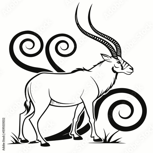 Oryx antelope with long curved horns and decorative curls