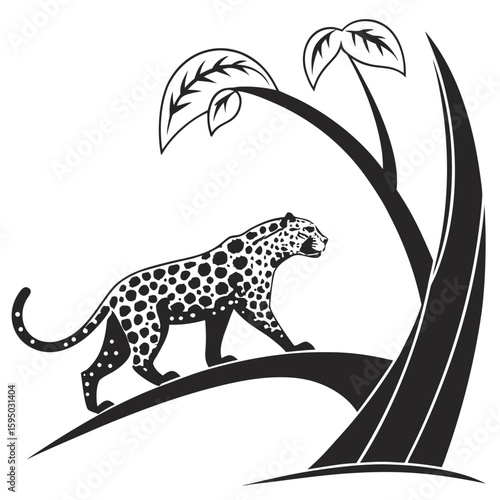 Jaguar walking on a tree branch with leaves