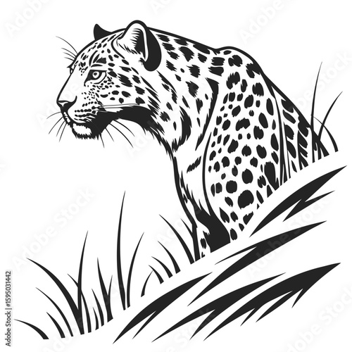 Jaguar peeking through tall grass, alert and watchful