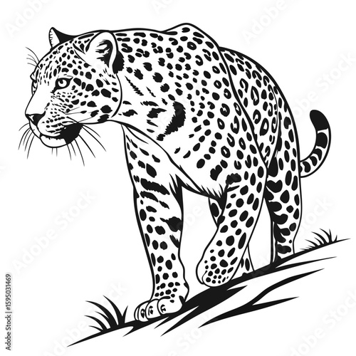 Jaguar walking on a sloping branch with grass