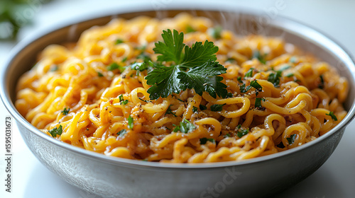 Creamy, cheesy ramen noodles in a skillet, garnished with fresh parsley.