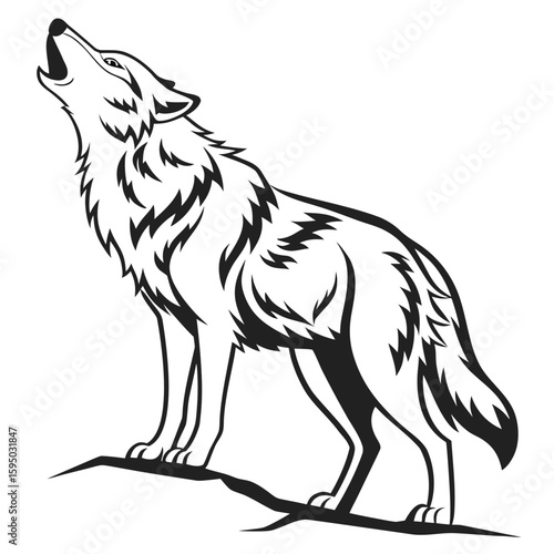 A wolf howls at the moon on a rocky outcrop