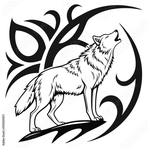 A wolf howls with tribal art elements