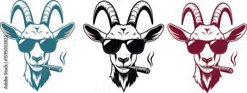 Three goats wearing sunglasses and smoking cigars in a row on a white background image art design