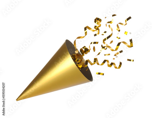 A golden party popper releasing a burst of shimmering gold confetti, symbolizing celebration and joy.