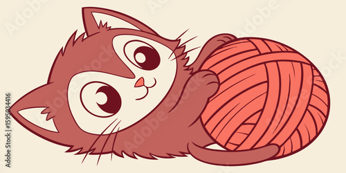 Kitten with yarn ball: A playful cartoon kitten cuddles a ball of yarn, a charming image evoking themes of leisure and cozy domesticity.